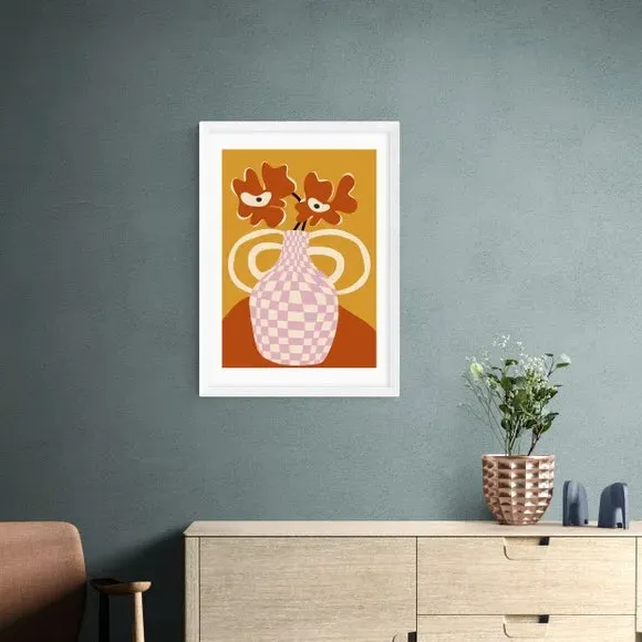 Checkered Retro Flower Pot Print - Orange