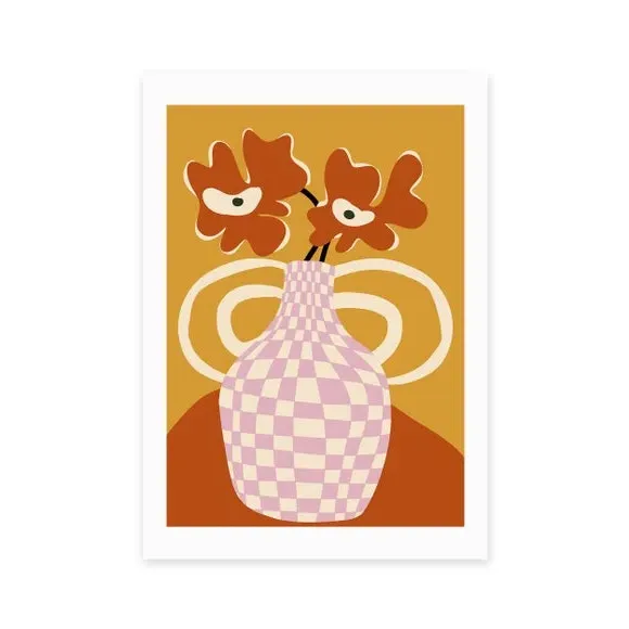 Checkered Retro Flower Pot Print - Orange