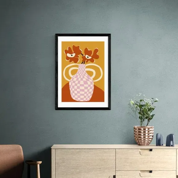 Checkered Retro Flower Pot Print - Orange