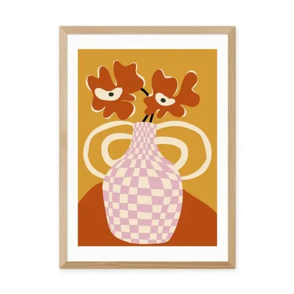 Checkered Retro Flower Pot Print - Orange