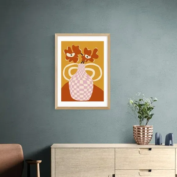 Checkered Retro Flower Pot Print - Orange