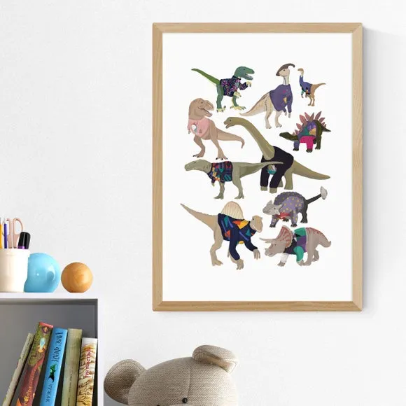 Dinosaur Wall Print with 80s Jumpers - White