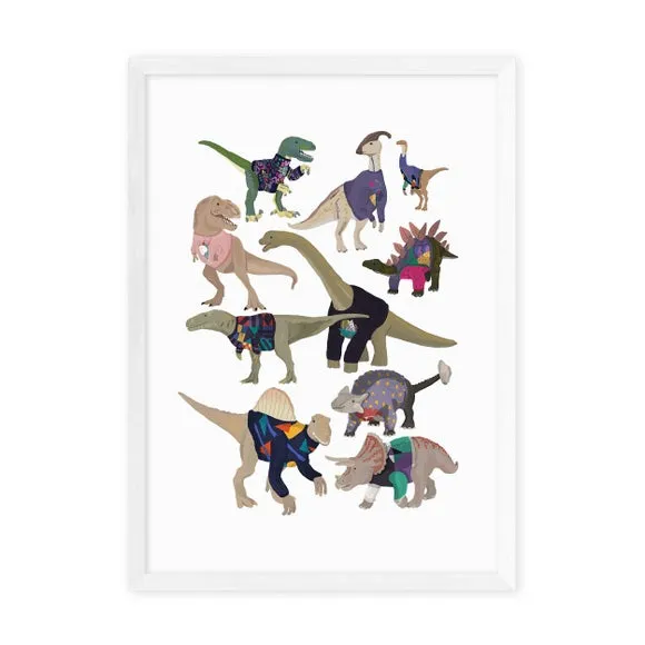 Dinosaur Wall Print with 80s Jumpers - White