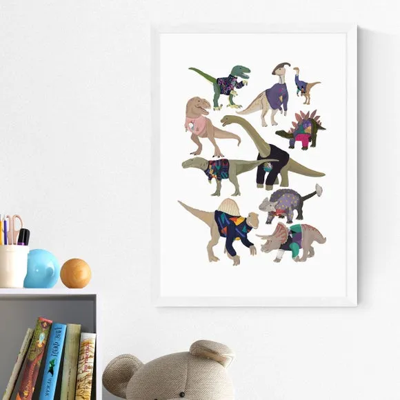 Dinosaur Wall Print with 80s Jumpers - White
