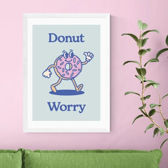 Donut Worry Wall Print - Blue, Archival Paper