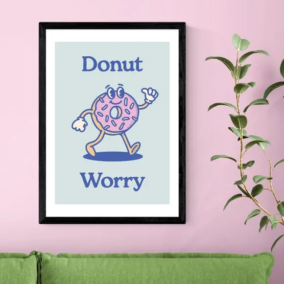 Donut Worry Wall Print - Blue, Archival Paper