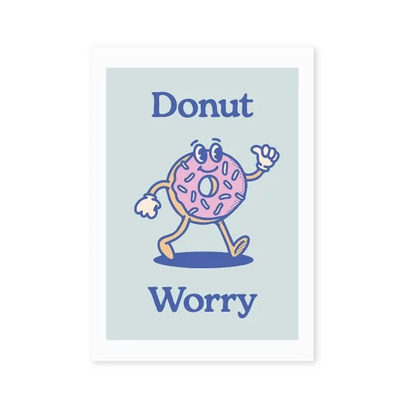 Donut Worry Wall Print - Blue, Archival Paper