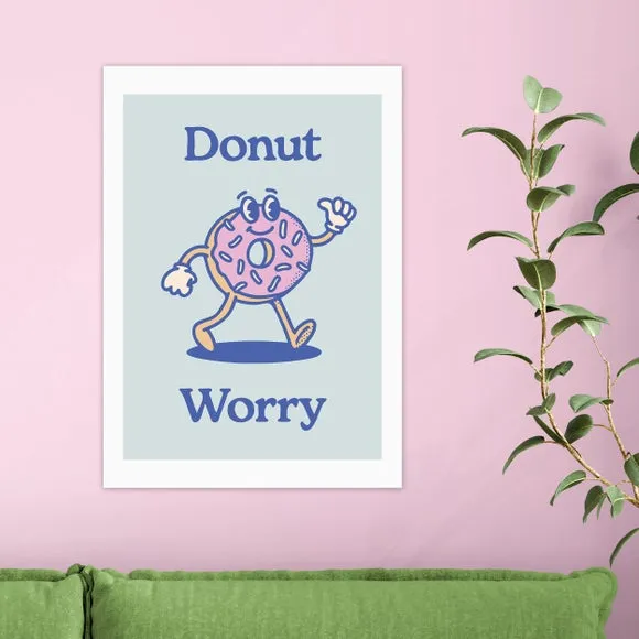 Donut Worry Wall Print - Blue, Archival Paper