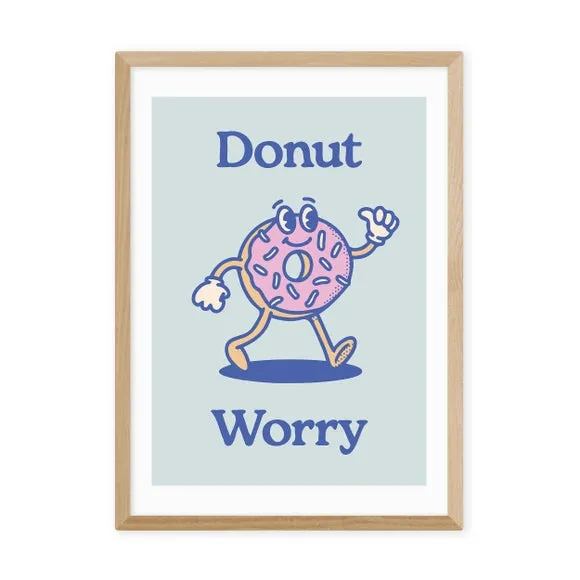 Donut Worry Wall Print - Blue, Archival Paper