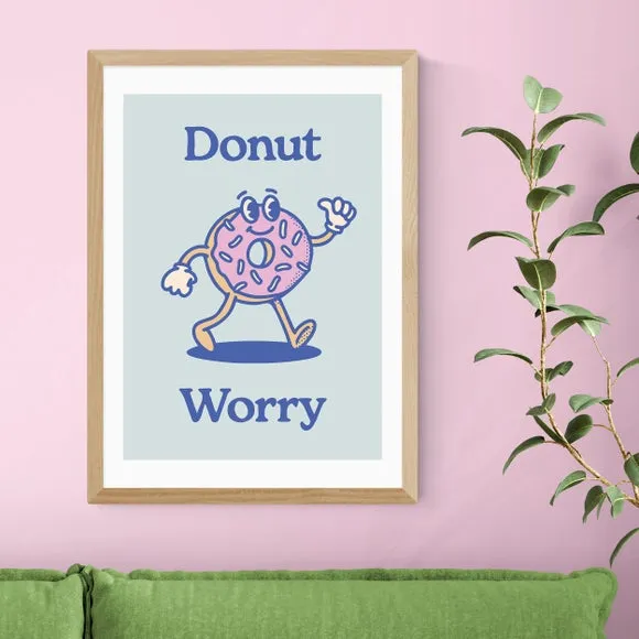 Donut Worry Wall Print - Blue, Archival Paper
