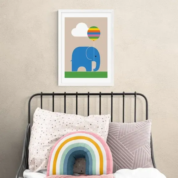Elephant Wall Print with Balloon - Multicolor