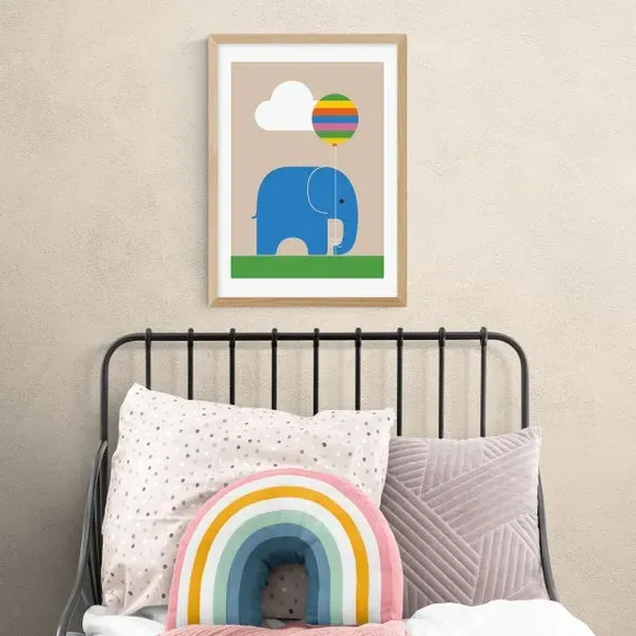 Elephant Wall Print with Balloon - Multicolor
