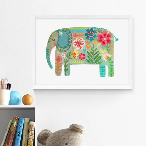 Floral Elephant Wall Print - Green