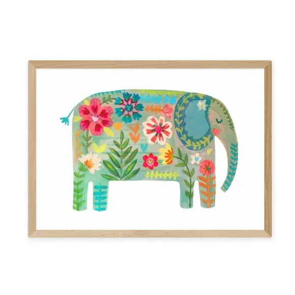 Floral Elephant Wall Print - Green