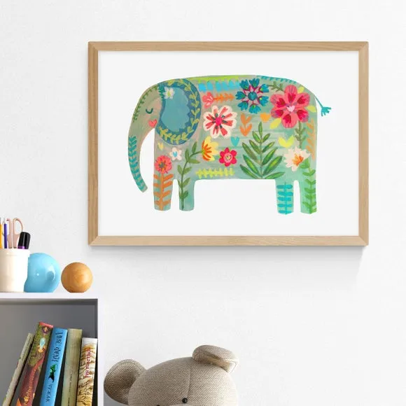 Floral Elephant Wall Print - Green
