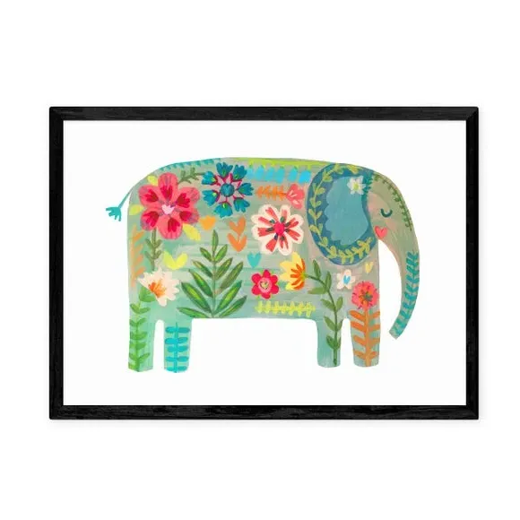 Floral Elephant Wall Print - Green