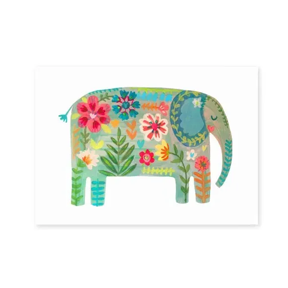 Floral Elephant Wall Print - Green