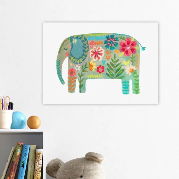 Floral Elephant Wall Print - Green image