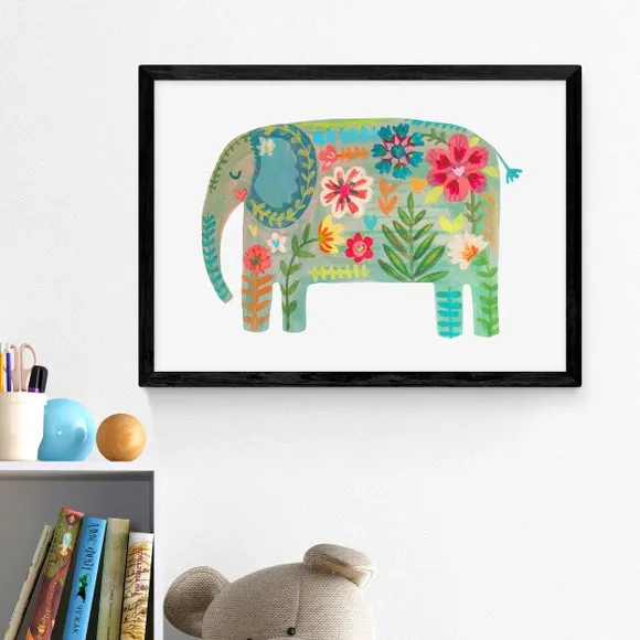 Floral Elephant Wall Print - Green
