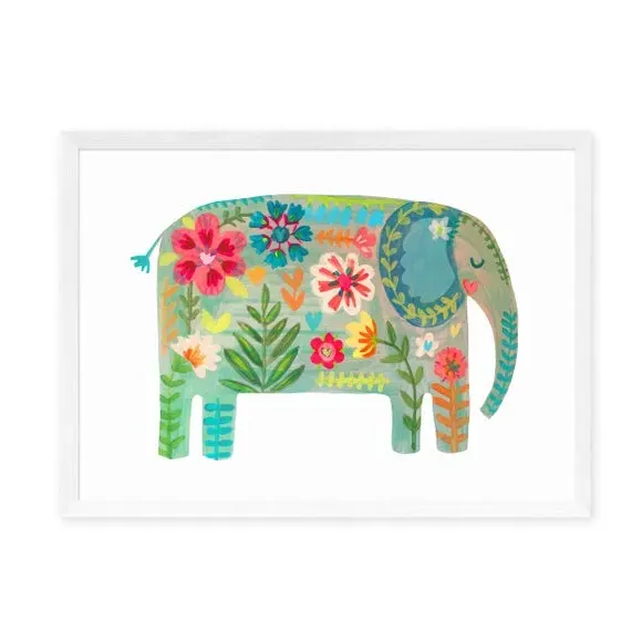 Floral Elephant Wall Print - Green