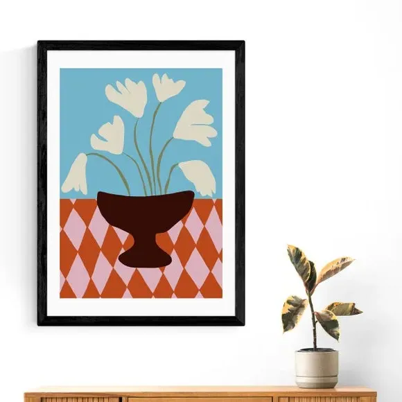 Floral Wall Print with Diamond Design - Blue