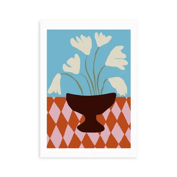 Floral Wall Print with Diamond Design - Blue