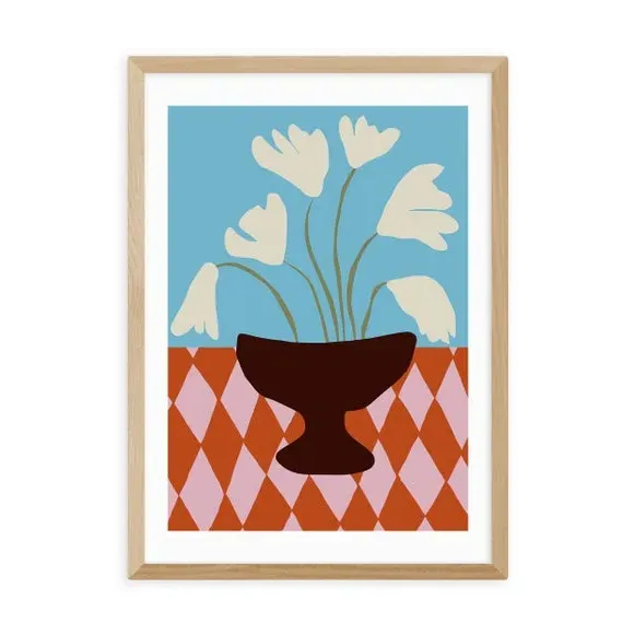 Floral Wall Print with Diamond Design - Blue