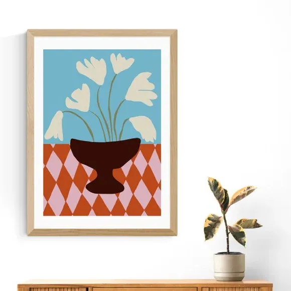 Floral Wall Print with Diamond Design - Blue