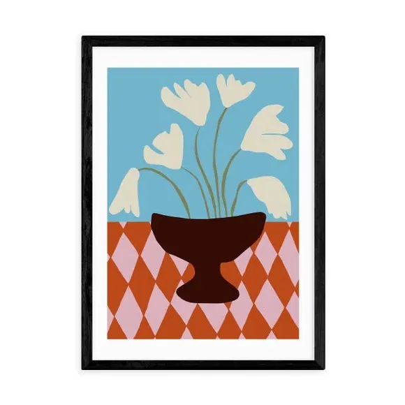 Floral Wall Print with Diamond Design - Blue