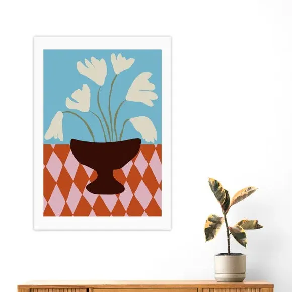 Floral Wall Print with Diamond Design - Blue image