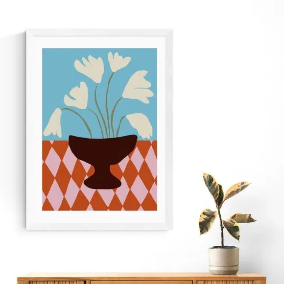 Floral Wall Print with Diamond Design - Blue