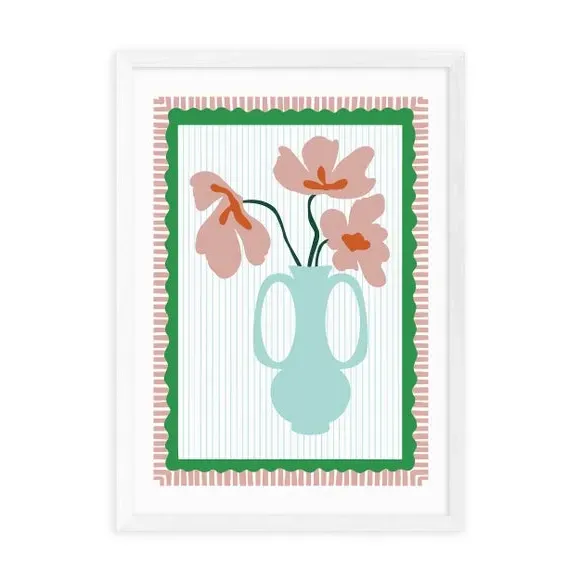 Floral Wall Print with Scalloped Edge - Red