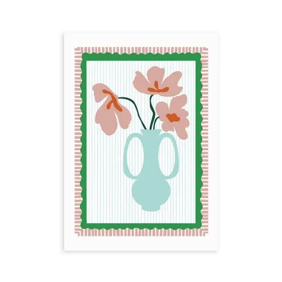 Floral Wall Print with Scalloped Edge - Red