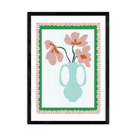 Floral Wall Print with Scalloped Edge - Red