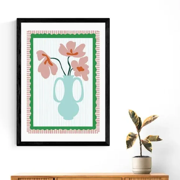 Floral Wall Print with Scalloped Edge - Red