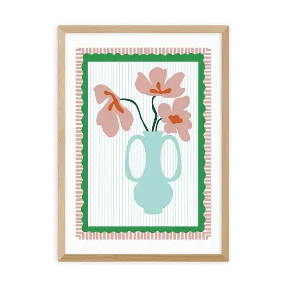 Floral Wall Print with Scalloped Edge - Red