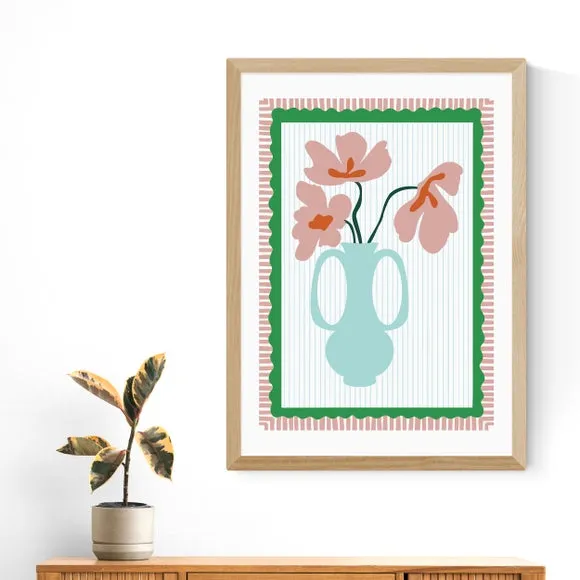 Floral Wall Print with Scalloped Edge - Red