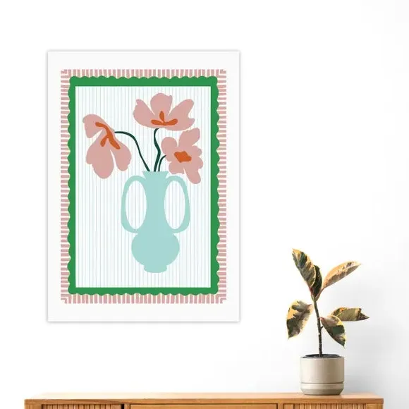 Floral Wall Print with Scalloped Edge - Red image
