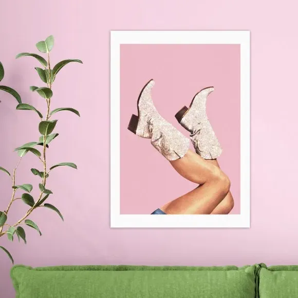 Glitter Boots Wall Print - Pink, Archival Paper