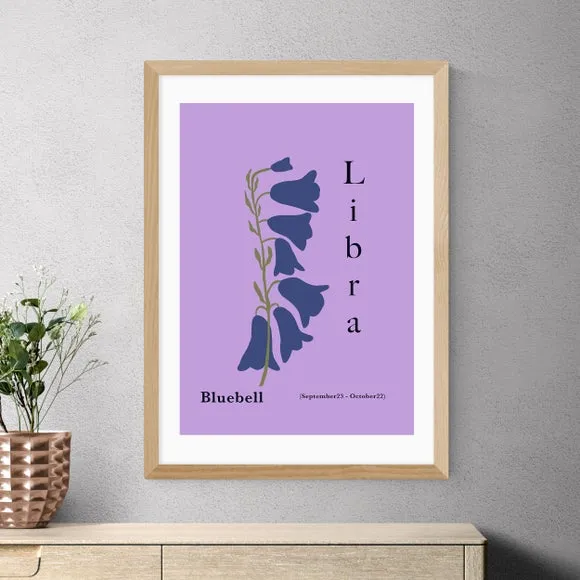 Libra Art Print with Bluebells - Purple