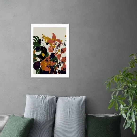 Meadow Flowers Leaves Wall Print - Brown image