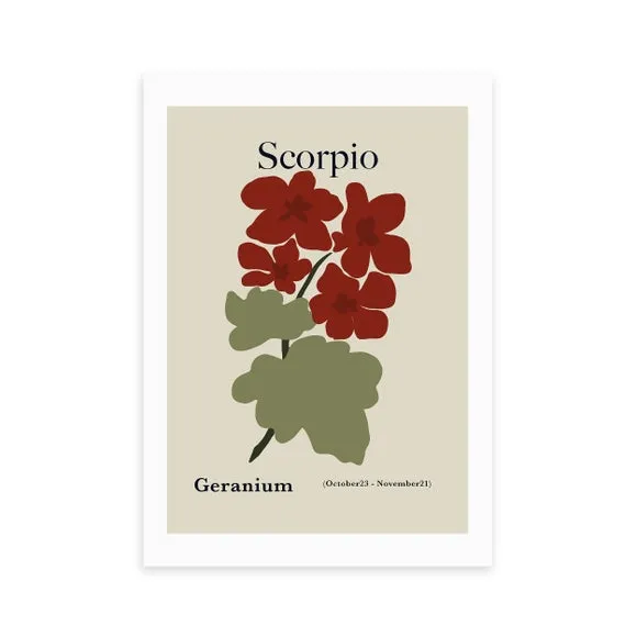 Scorpio Art Print with Geraniums - Sage