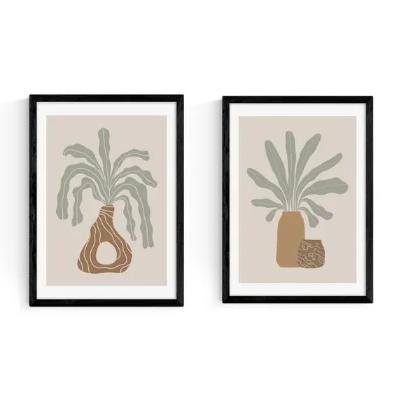 Set of 2 Botanical Vase Framed Prints - Natural