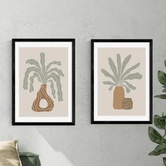 Set of 2 Botanical Vase Framed Prints - Natural