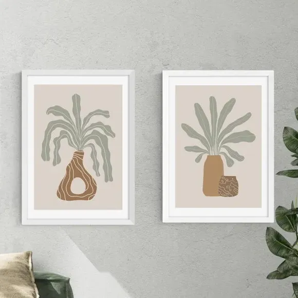 Set of 2 Botanical Vase Framed Prints - Natural