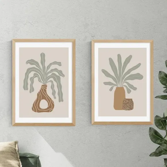 Set of 2 Botanical Vase Framed Prints - Natural