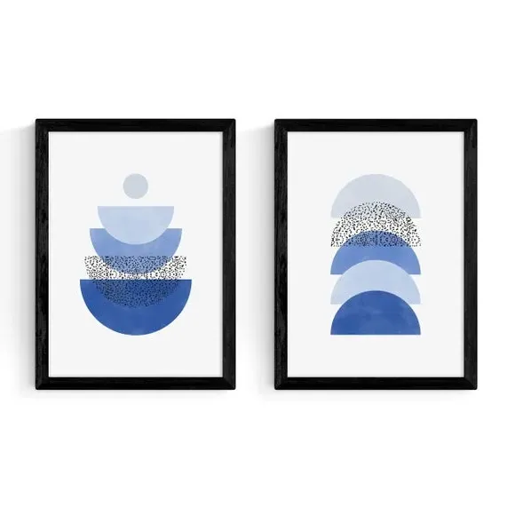 Set of 2 Geometric Wall Prints - Blue, Paper