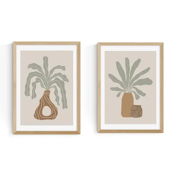 Set of 2 Modern Vase Framed Prints - Natural