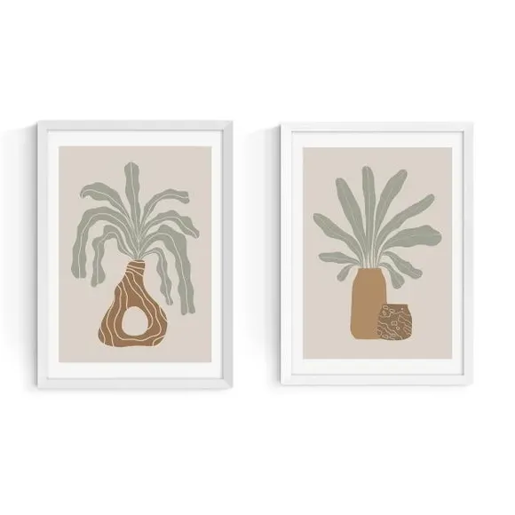 Set of 2 Modern Vase Framed Prints - Natural