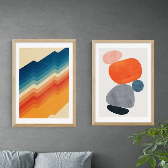 Set of 2 Retro Abstract Wall Prints - Multicolor